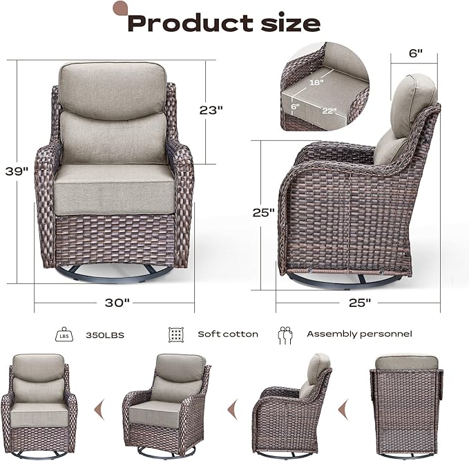 Rilyson Outdoor Patio Swivel Rocker Chairs Set of 2, Waterproof Wicker, High Back, Deep Seating, Wide Armrest, Upgraded 6 inch Thick Cushions, Ideal for Deck Porch Backyard, Brown/Beige