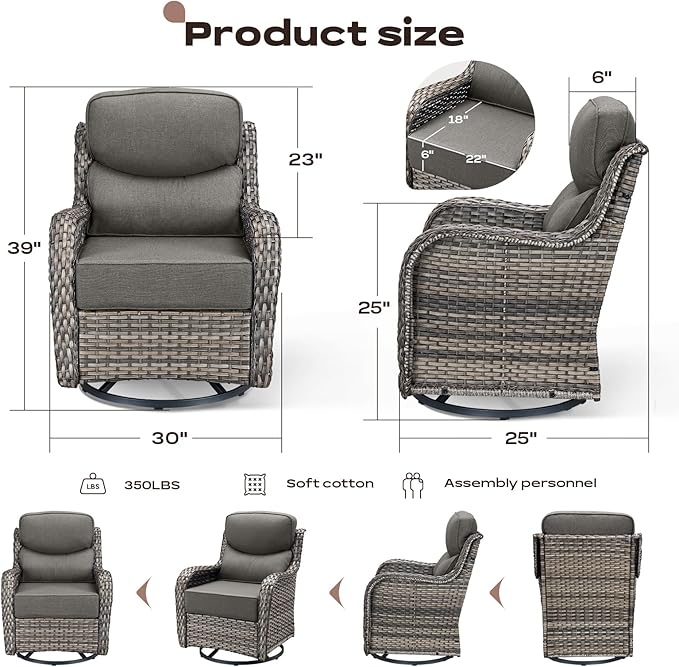 Rilyson Outdoor Patio Swivel Rocker Chairs Set of 2, Waterproof Wicker, High Back, Deep Seating, Wide Armrest, Upgraded 6 inch Thick Cushions, Ideal for Deck Porch Backyard, Mixed Grey-Grey