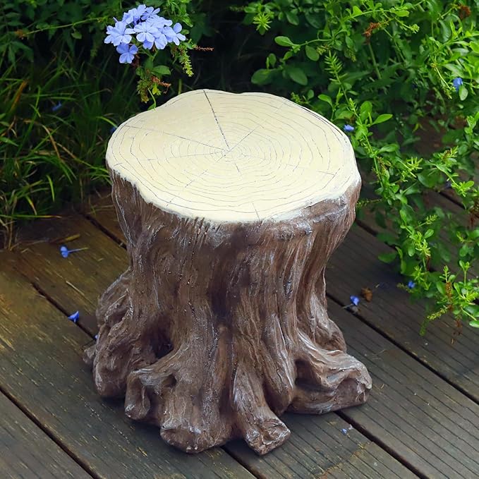 13''H Tree Stump Statue Stool with Faux Wood Grain Finish Magnesium Oxide Stump Sculpture Stump Side Table Garden Pedestals Tree Stump End Table for Indoor/Outdoor Patio Yard Garden Porch Decor
