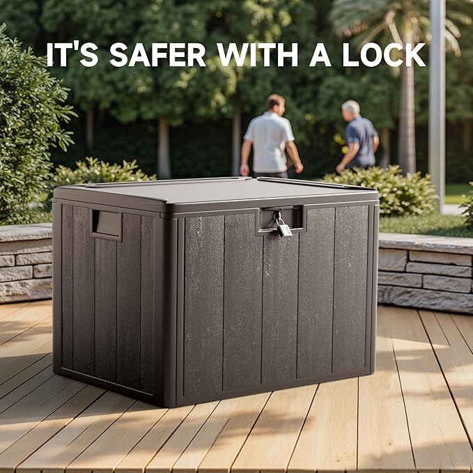 40 Gallon Resin Deck Box, Double Layer Waterproof & Outdoor Indoor Lockable Storage Box for Patio Furniture Cushions Garden Tools (Brown)