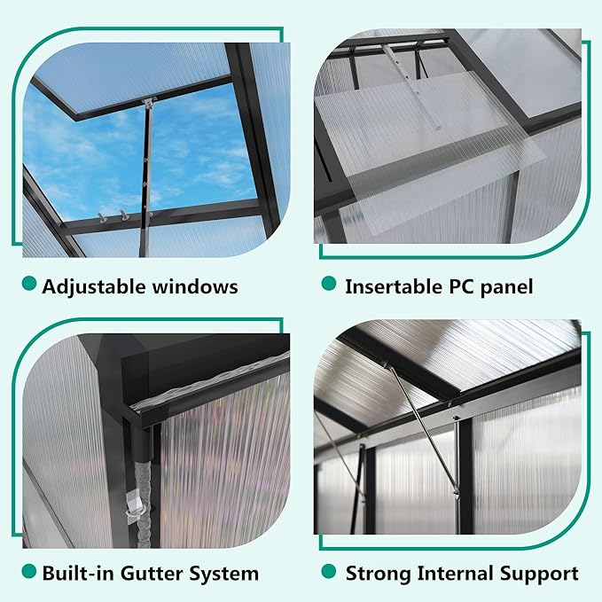 Greenhouse for Outdoors 8x10x7.8FT, Polycarbonate Greenhouse with Stronger Wind Protection and Roof Vent, Walk-in Large Aluminum Sunroom Winter Proof, Black