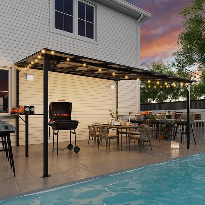 MEISSALIVVE 12' x 14' Wall Mounted Gazebo, Outdoor BBQ Grill Gazebo with Side Shelf, Lean to Metal Awnings with Sloped Roof, Heavy Duty Pergola for Backyard, Deck, Black