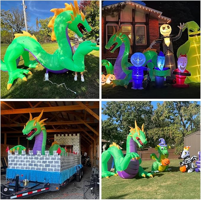 Giant 14FT Length 9FT Tall Green Dragon Halloween Inflatables, Halloween Dragon Blow Up Inflatable Outdoor Decoration Built-in 9 LEDs and Independent High-Power Blower for Yard Lawn Decor