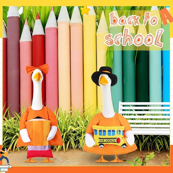 2 Set Halloween Porch Goose Outfit Set for 23'' Plastic Garden Statue Lawn Porch Goose Clothes Costume Accessories for School Outdoor Home Patio Yard Decor(Pencil and Bus)