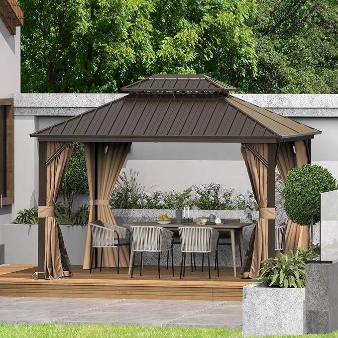 Domi 10'x12' Hardtop Gazebo Canopy,Outdoor Metal Gazebo with Galvanized Steel Double Roof,Curtain and Netting,Permanent Pavilion for Patio Deck,Backyard
