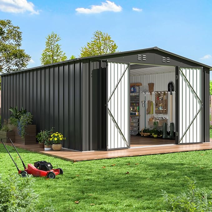 14X12 FT Outdoor Storage Shed, Durable Metal Outside Storage with Lockable Doors, Waterproof Storage Shed for Tools, Equipment, Ideal for Backyard Garden Patio Lawn