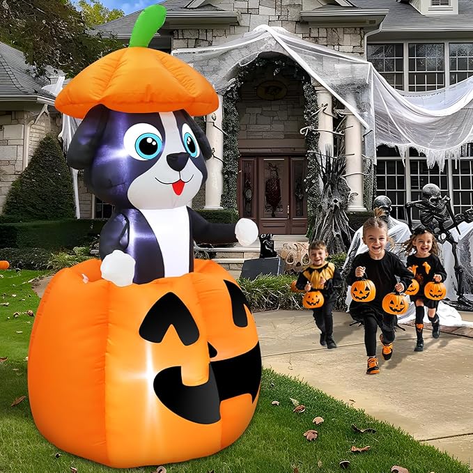 5 FT Halloween Inflatables Animated Dog On Pumpkin Outdoor Decorations Blow Up Yard with Built-in LEDs, Halloween Blow Up Outdoor Decor for Indoor Party Outdoor Garden Lawn