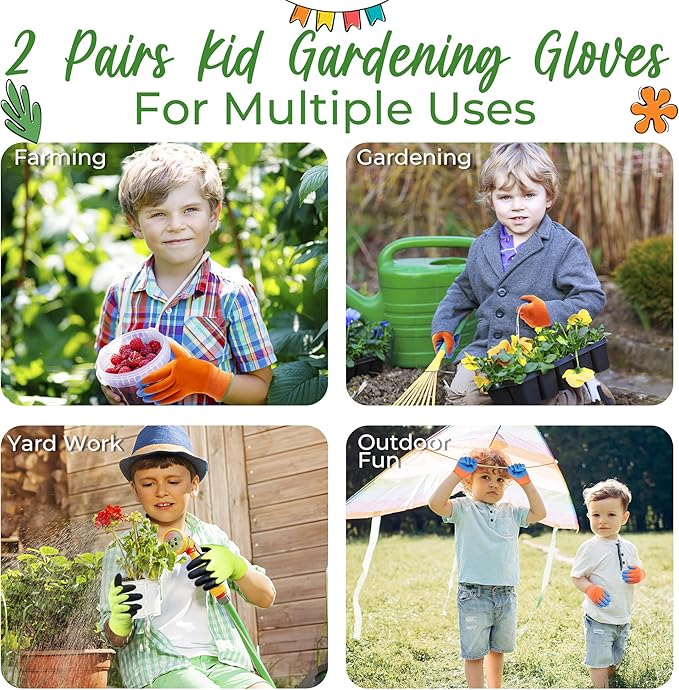 HANDLANDY 2 Pairs Kids Gardening Gripper Gloves, Foam Rubber Coated Children Toddler Garden Yard Work Outdoor Playing Gloves for Girls Boys (Size S)