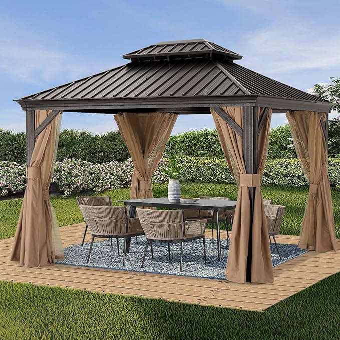 ABCCANOPY Hardtop Gazebo 10x12 - Outdoor Metal Hard Top Gazebo, Permanent Galvanized Steel Aluminum Framed Pavilion with Netting and Curtain for Patio Backyard Lawn Garden (Double Roof, Khaki)