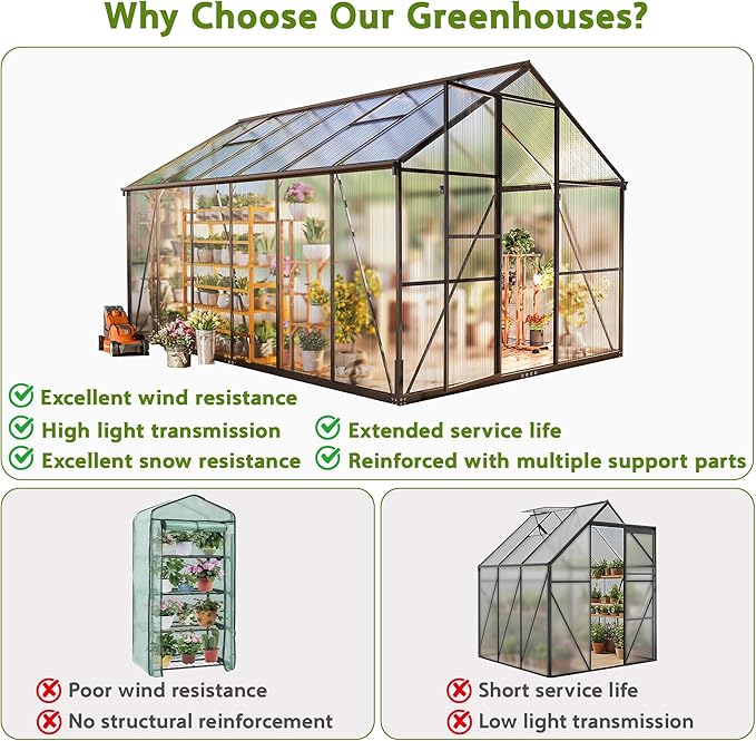Wanan 12x8FT Greenhouses for Outdoors, Quick Assembly Polycarbonate Green House with UV Protection, Heavy Duty Windproof Aluminum Frame, Adjustable Roof Vent for Backyard or Outdoor Garden Use