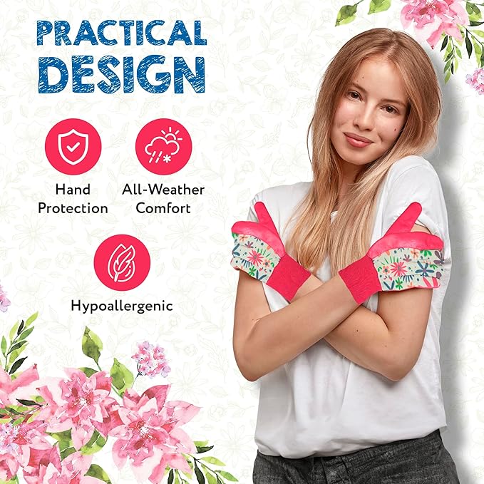 Floral Gardening Gloves for Women, 9 Inch. 6 Pairs Cotton Work Gloves with Knit Wrist. Gardening Gifts for Women