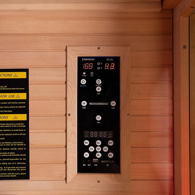 Woodbridge Infrared Home Sauna Room 2 Person Hemlock Wooden Indoor Sauna,7 Carbon 2230W/120V Heaters,with Led Color Therapy Light,Bluetooth Speaker,Tempered Glass,Touch-Tone Keypad and A Top Vent