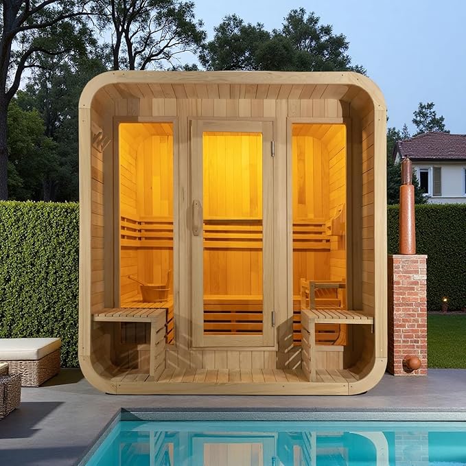Square Outdoor Sauna, Canadian Hemlock Sauna 4 Person, 240V 6KW ETL Harvia Heater, Porch,Waterproof System, Large Glass Windows, Wood Tiles, Double Reinforcement-Fast Delivery(0-195 °F)