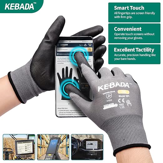 Kebada Safety Work Gloves,120 Pairs Bulk Pack, Touchscreen, PU Coated, Ideal for Warehouse, Construction, Gardening and Mechanics, Grey, Large