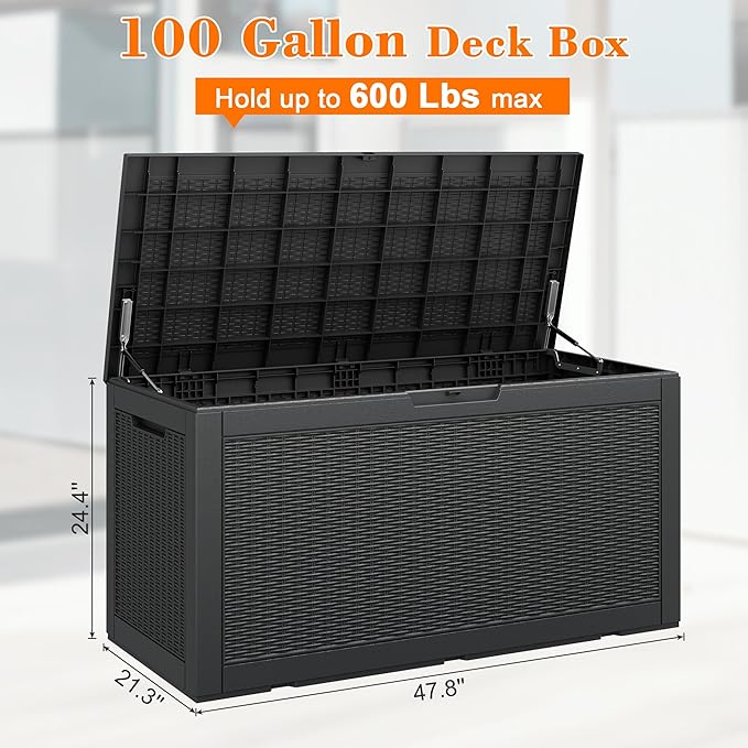 LHBcraft 100 Gallon Outdoor Storage Box Waterproof, Lockable Patio Storage Boxes Outdoor Waterproof for Furniture, Resin Deck Box Doubles as 2-Person Bench Seat, Gardening Tools, Black
