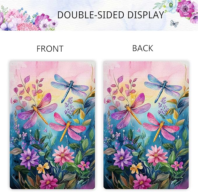 Colorful Spring Summer Dragonfly Garden Flag Floral Flowers Garden Flag Vertical Double Sided Rustic Farmland Burlap Yard Lawn Outdoor Decor 12.5x18"