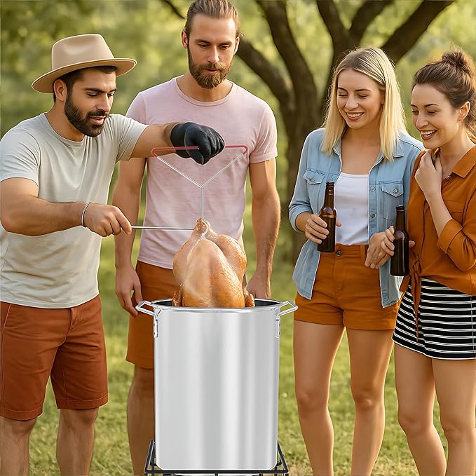 30 Qt Aluminium Stock Pot Kit – Turkey Fryer Pot With Lid, Lifting Hook, Stand & Thermometer – Large Deep Fryer For Frying, Seafood Boiling & Outdoor Cooking