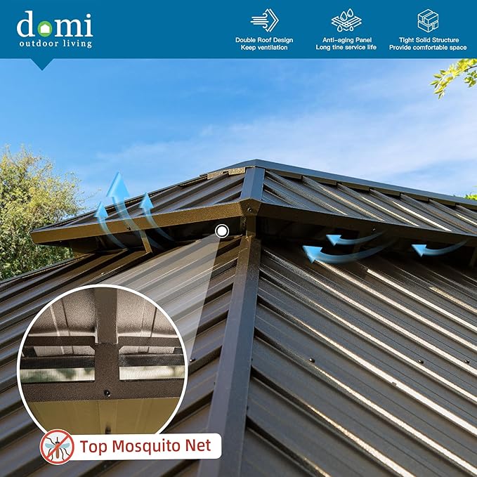 Domi Outdoor Living 12’x14’ Hardtop Gazebo, Wooden Coated Aluminum Frame Canopy with Galvanized Steel Double Roof, Outdoor Permanent Metal Pavilion with Curtains and Netting for Patio, Deck and Lawn