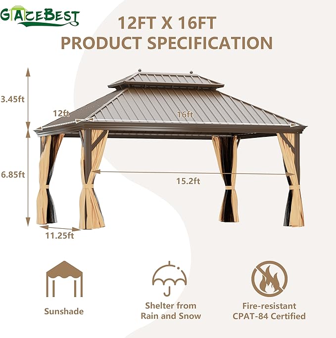 12'x16' Hardtop Gazebo, Outdoor Aluminum Patio Gazebo Double Roof Galvanized Steel Canopy with Netting and Curtains,for Garden, Patio, Backyard, Deck and Lawns.