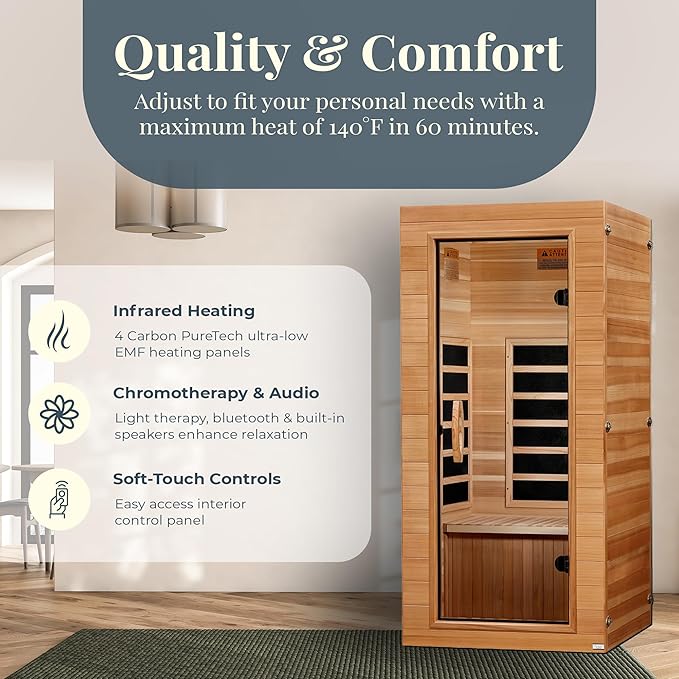 DYNAMIC SAUNAS Elite 1 Person Compact Ultra Low EMF FAR Infrared Sauna with Red Light Therapy & Bluetooth Speakers - Personal Indoor for Home & Gym