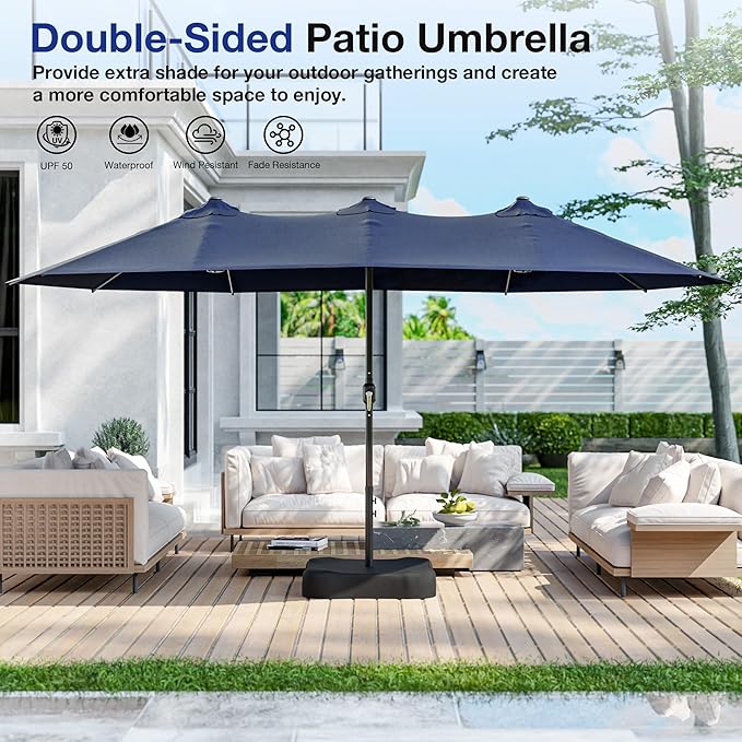 Joyside 15FT Large Patio Umbrella with Base Included, Outdoor Double Sided Umbrella, Rectangle Umbrella with Crank Handle, 12 Sturdy Ribs for Deck, Porch and Pool
