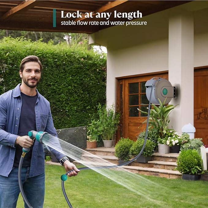 100 ft x 1/2" Retractable Garden Hose Reel | All-weather Water Hose Reel Wall Mounted | Any Length Lock & 180°Swivel, Water Hose with 10-Function Nozzle for Cleaning, Watering (Green)