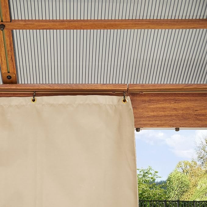 TOOLPORT Hardtop Gazebo 10x13 ft with Polycarbonate Roof - Wood-Like Finish - 4 Side Panels in Champagne