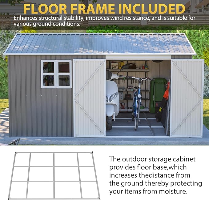 12x10 FT Outdoor Storage Shed,Metal Shed W/Window & Floor Frame,Garden Tool House W/Sloped Roof,Lockable Doors & Air Vents,for Backyard Patio Lawn,Gray
