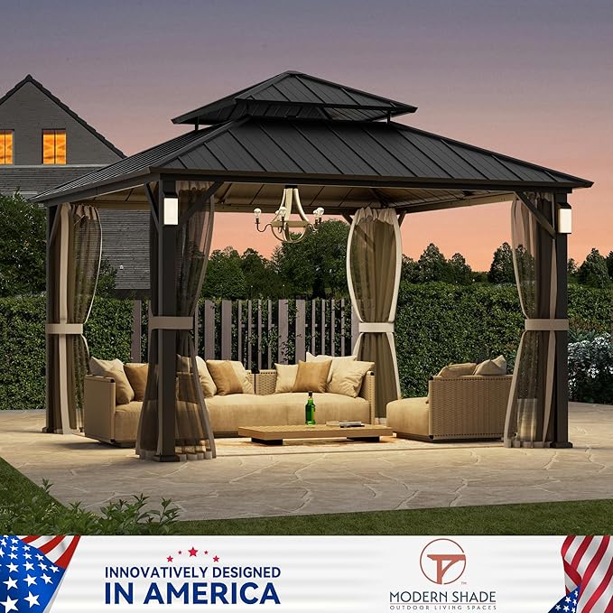 Modern Shade The Horizon Hardtop Gazebo 12' x 12' with 4 LED Lights, Permanent Outdoor Gazebo with Galvanized Steel Double Roof, Grill Pavilion with Decor Hooks, Mosquito Nettings, Black