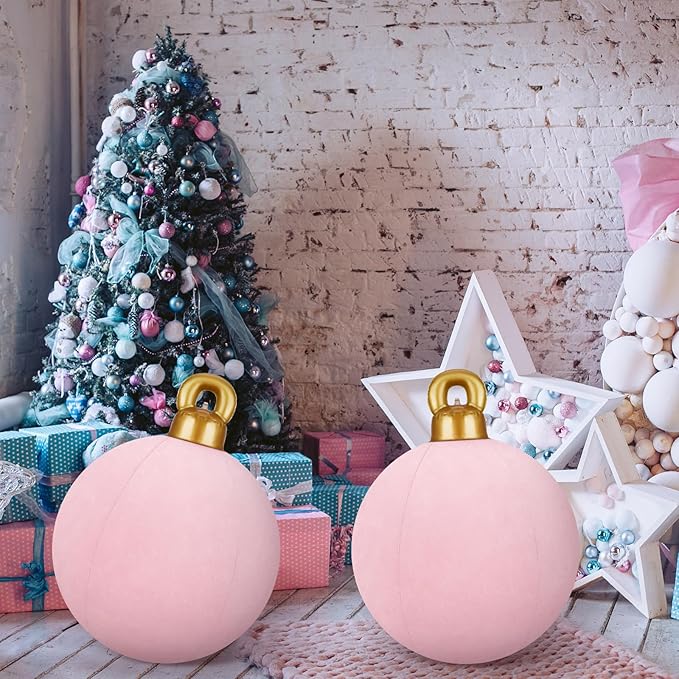 Jetec 3 Pcs 32 Inch Giant Velvet Christmas Inflatable Balls Ornament Flocked Xmas PVC Inflatable Flocked Ball Ornaments for Christmas Holiday Outdoor Blow up Yard Decor(Pink)