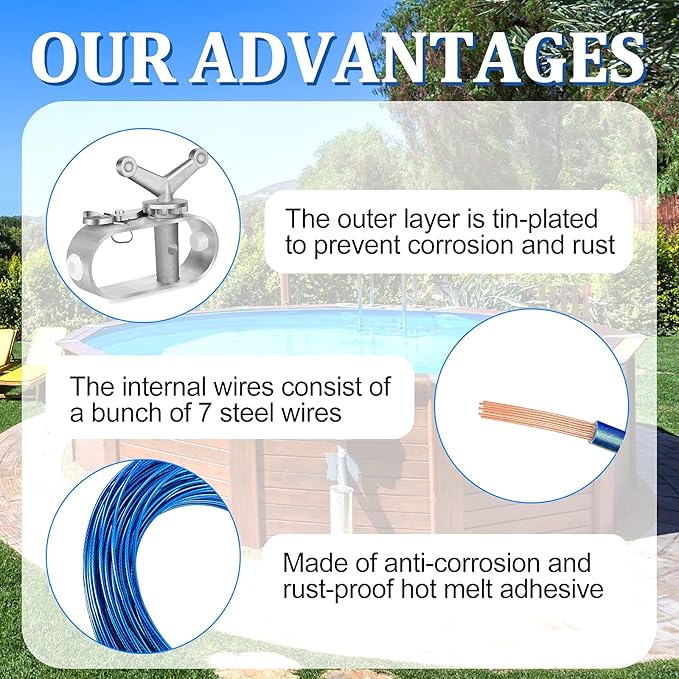 131ft Pool Cover Cable and Winch Kit Pool Covers for Above Ground Pools 10x16 Pool Cover Cable for Securing Above Ground Swimming Pool Covers(Blue)
