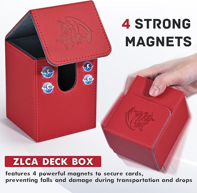 ZLCA Card Deck Box for Trading Cards with 2 Dividers, Card Storage Box Fits 100+ Single Sleeved Cards, PU Leather Strong Magnet Card Deck Case Holder for Magic Commander TCG CCG （Red,Emperor Dragon）