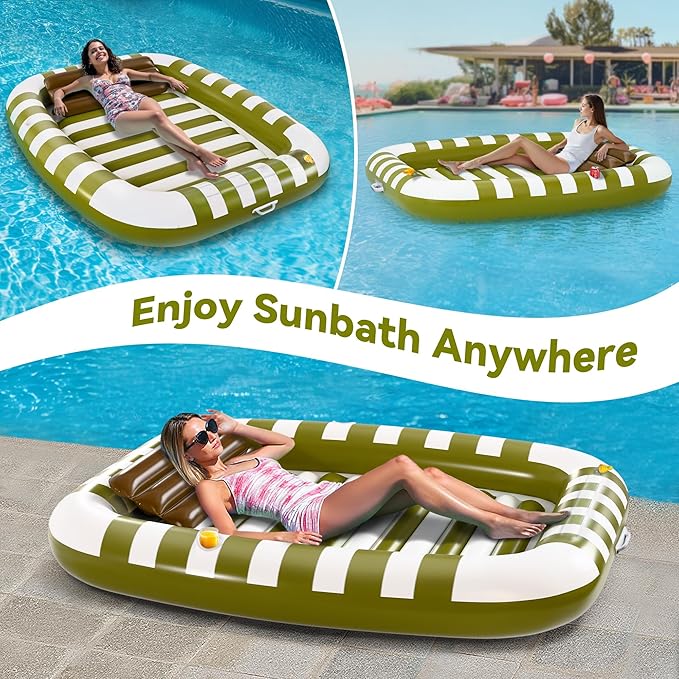 Pool Wave Inflatable Pool Lounger Floats, 80" x 66" Large Tanning Bed for Adult Kids, Outdoor Sun Bathing Floating Blow up Raft W/Pillow, Spray Water Mat, Summer Beach Lake Family Party Gift - Green