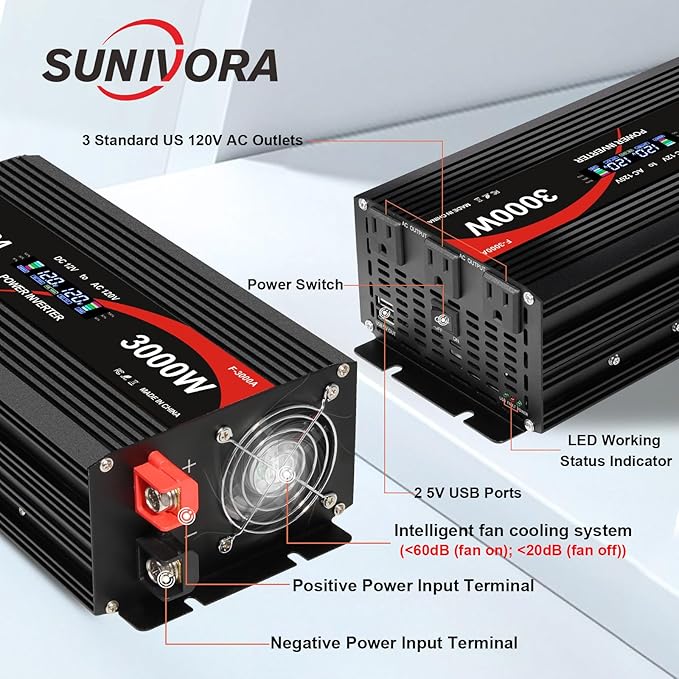3000 Watt Inverter with LCD Display 12V DC to 110V/120V AC 60HZ Car Power Inverter with 3 AC Outlets & Dual USB Ports for Car RV Truck Camping