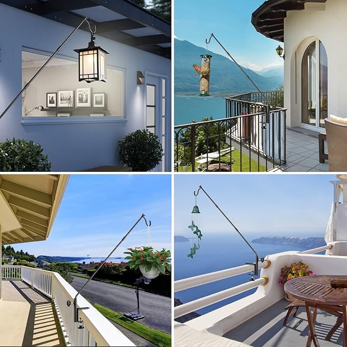 4 Pack Heavy Duty Fence Deck Hook 31 Inch for Bird Feeder-Extended-Adjustable-360 Degree Rotary-Solid Rod Plant Bracket Hanging Hooks for Planters, Suet Baskets, Lanterns, Wind Chime,Unassembled