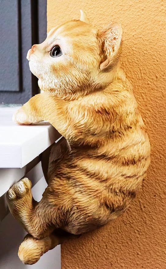 coolboy Hanging Cat Statue Garden Patio Decor,Lifelike Orange Tabby Cat Figurine Kittens Outdoor Statue Decor,Pot Pal Hanging Animal Resin Cat Figurine for Cat Lovers