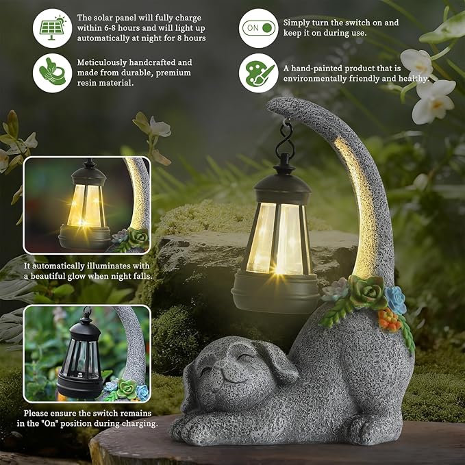Garden Cute Dog Gnome Statue Decorations - Solar Resin Dog with Solar Garden Lights Outdoor Decorations for Patio,Yard,Lawn,