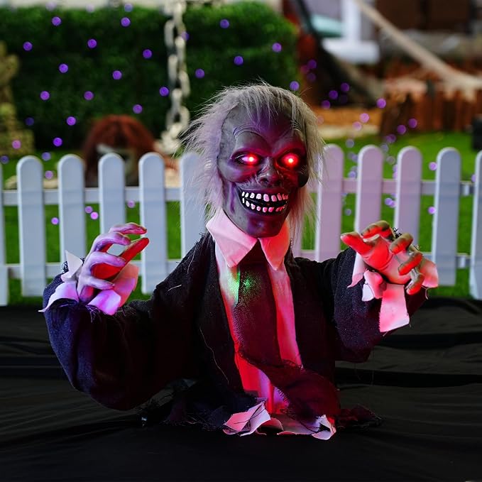 Hourleey Halloween Decorations Outdoor, Animated Scary Zombie Groundbreaker with Creepy Sound, Animatronics Glowing Eyes Zombie Props for Outside Graveyard Lawn Yard Haunted House Decor