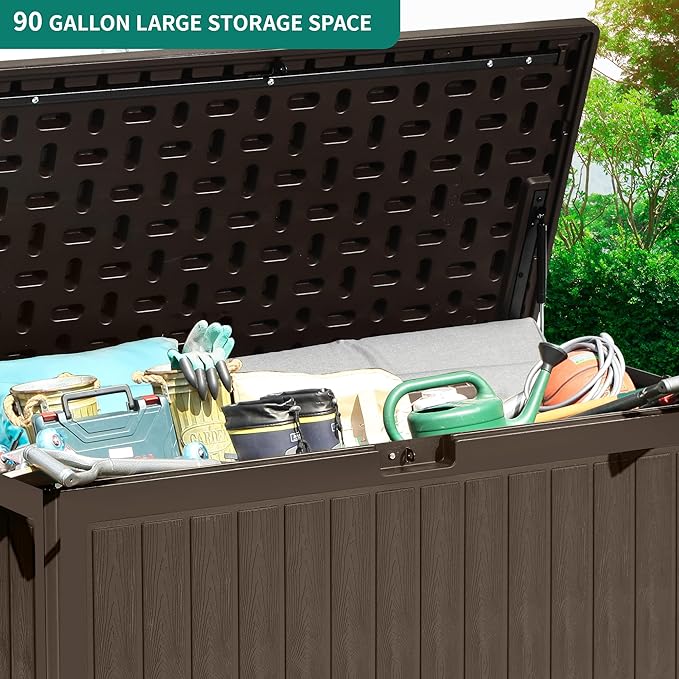 YITAHOME 90 Gallon Large Deck Box with Side Handles, Outdoor Double-Wall Storage for Patio Furniture Cushions, Garden Pool Accessories, Waterproof & Lockable