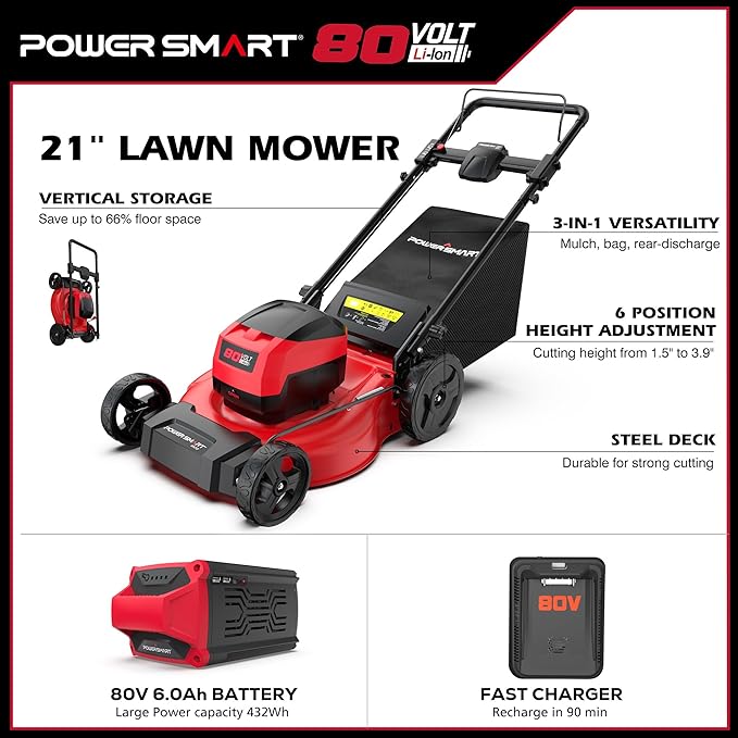 PowerSmart 80V 21in Push Cordless Lawn Mower, Brushless Battery Lawn Mower with 6.0Ah Battery and Charger (PS76821)