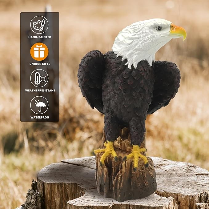 Garden Sculpture Hand-Painted Bald EagleResin Statue 14.2 Inch Tall with Stump Base Realistic Feather Texture & Vivid Postures for Home Office Yard Ornament