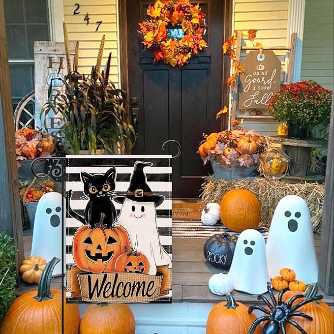 Artofy Welcome Halloween Black Cat Ghost Small Decorative Garden Flag, Spooky Jack O Lantern Pumpkin Yard Lawn Outside Decor, Funny Stripes Burlap Outdoor Home Decoration Double Sided 12 x 18