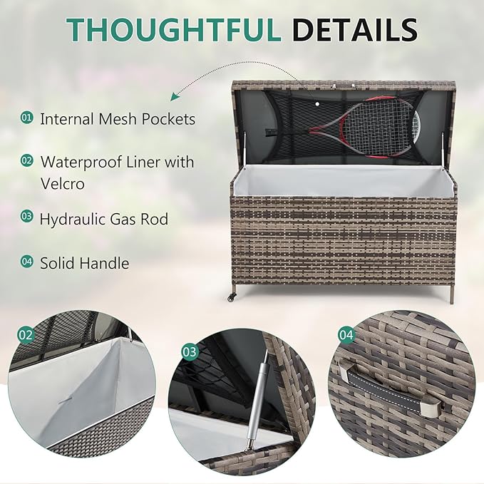AVAWING 240 Gallon Wicker Deck Box, Outdoor Storage Box with Portable Wheels and Handles, Patio Rattan Container for Garden, Balcony, Yard (Grey)