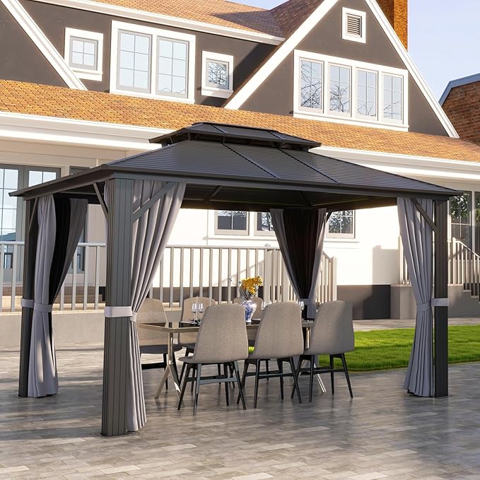 Aoxun 10Ft X 12Ft Hardtop Gazebo, Aluminum Metal Outdoor Gazebo with Breathable Netting and Curtains, Galvanized Steel Horizontal Double Top, Permanent Patio Pavilion for Dining, Wedding, Party