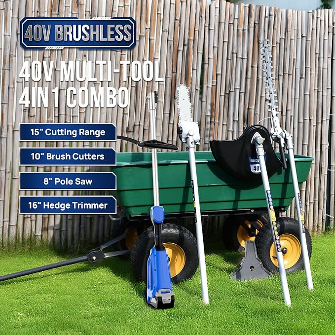 Wild Badger Power 40V Brushless Weed Wacker, String Trimmer/Edger, Hedge Trimmer and Brush Cutter Blade, Pole Saw, Attachment Capable 4-in-1 Multi-Tool Kit with 1 * 40V 4Ah Battery and 1*Charger