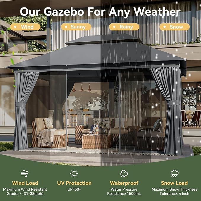 AOXUN Outdoor Gazebo for Patio 10x13, Metal Frame Canopy with Double Roofs, Heavy Duty Party Tent and Shelter with Mosquito Netting and Privacy Screen for Backyard, Lawn, Garden,Deck (Dark Gray)