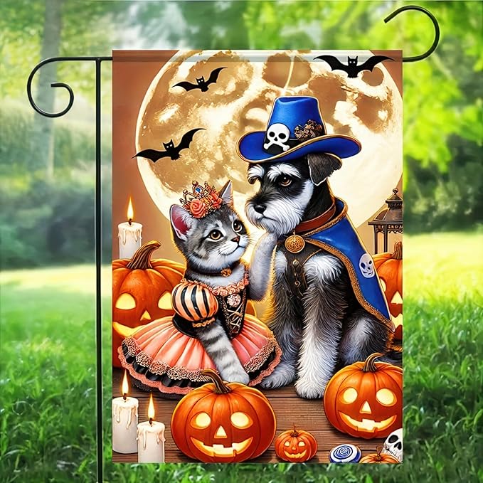 Halloween Garden Flag 12x18 Flag Dog Cat Flag Halloween Schnauzer Cat Fairy Pirate Costumes Pumpkins And Full Moon Cute Welcome Garden Flag Patio Lawn Farmhouse Outdoor Party Supplies