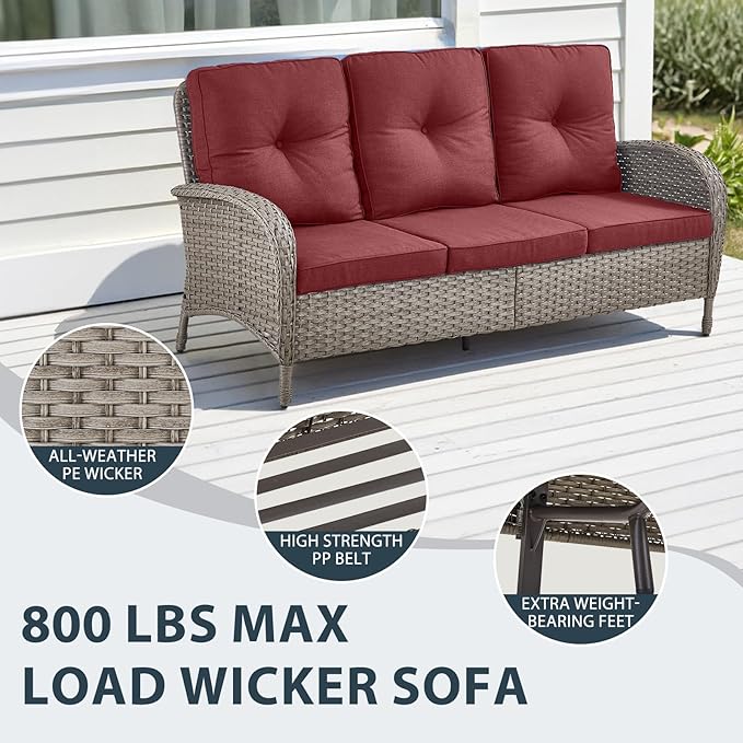 7 Piece Patio Furniture Set with Fire Pit Table - Wicker Patio Conversation Set with Swivel Glider, 3 Seat Sofa, Side Table and 2 Ottomans for Deck Backyard - Grey Wicker Red Cushion