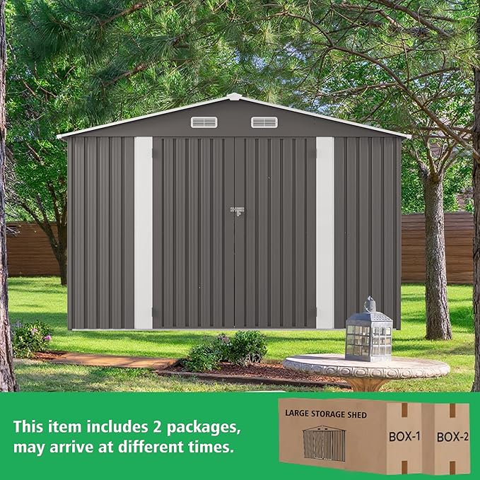 10x12 FT Outdoor Storage Shed, Large Metal Garden Shed with Double Door Two Window Waterproof Tool Shed for Backyard Patio Lawn Poolside, Grey