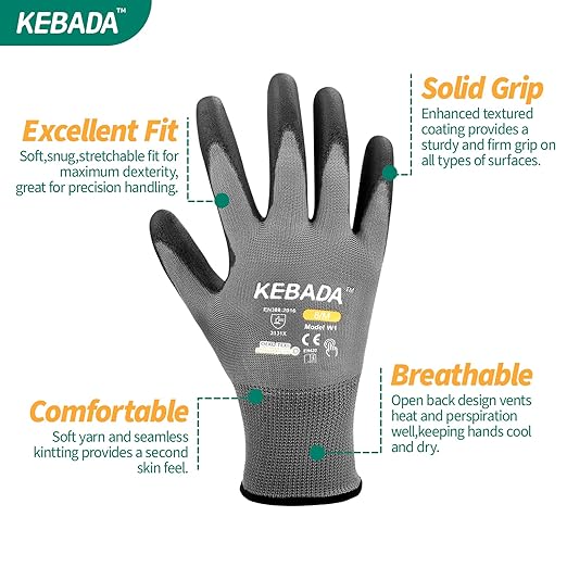 Kebada W1 Work Gloves for Men and Women, Touchscreen PU Coated Gloves with Grip, 50 Pairs Bulk Pack, Ideal for Warehouse Package Handling, Construction, Gardening, Gray Medium